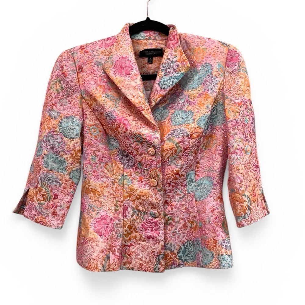 Carmen Marc Valvo Signature Beaded Floral Evening Jacket 3/4 Sleeve Size 4 Peach